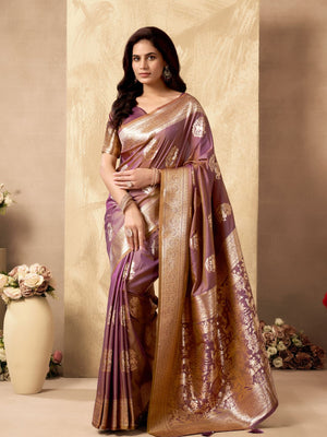 Lavender Banarasi Rich Pallu Silk Saree With Gold Zari Weaving With Zhallar Saree With Blouse Piece