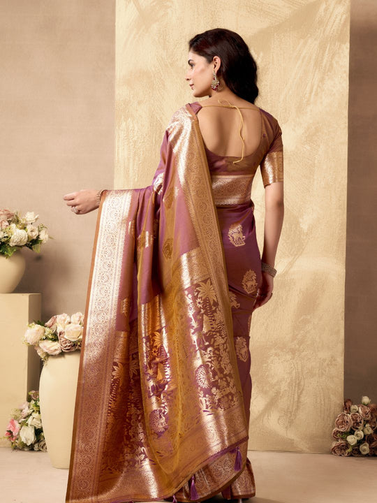 Lavender Banarasi Rich Pallu Silk Saree With Gold Zari Weaving With Zhallar Saree With Blouse Piece