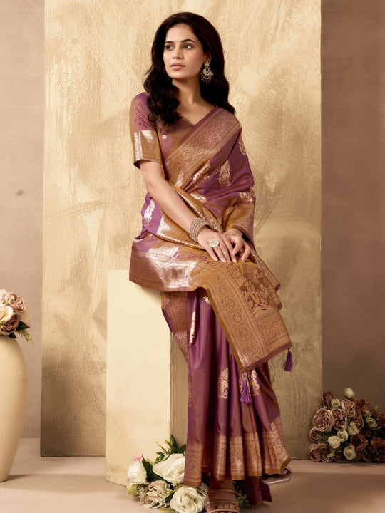 Lavender Banarasi Rich Pallu Silk Saree With Gold Zari Weaving With Zhallar Saree With Blouse Piece