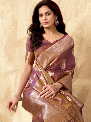 Lavender Banarasi Rich Pallu Silk Saree With Gold Zari Weaving With Zhallar Saree With Blouse Piece