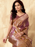 Lavender Banarasi Rich Pallu Silk Saree With Gold Zari Weaving With Zhallar Saree With Blouse Piece