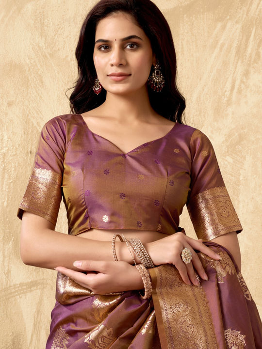 Lavender Banarasi Rich Pallu Silk Saree With Gold Zari Weaving With Zhallar Saree With Blouse Piece