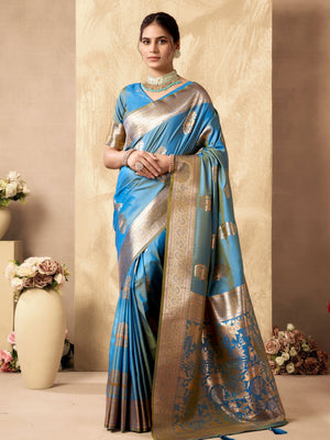 Sky Blue Banarasi Rich Pallu Silk Saree With Gold Zari Weaving With Zhallar Saree With Blouse Piece