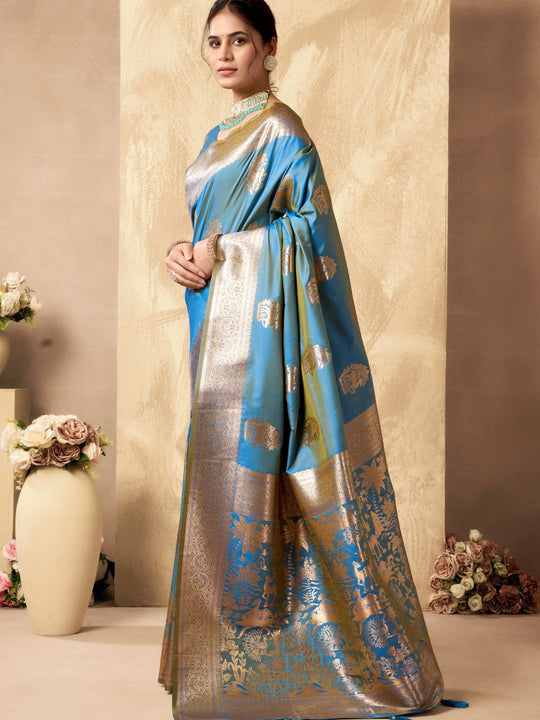 Sky Blue Banarasi Rich Pallu Silk Saree With Gold Zari Weaving With Zhallar Saree With Blouse Piece