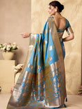 Sky Blue Banarasi Rich Pallu Silk Saree With Gold Zari Weaving With Zhallar Saree With Blouse Piece