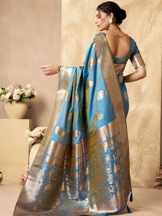 Sky Blue Banarasi Rich Pallu Silk Saree With Gold Zari Weaving With Zhallar Saree With Blouse Piece