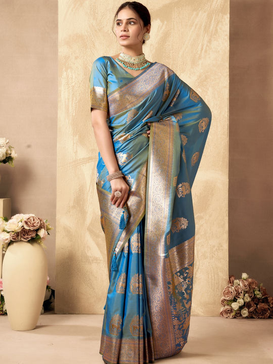 Sky Blue Banarasi Rich Pallu Silk Saree With Gold Zari Weaving With Zhallar Saree With Blouse Piece