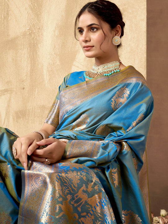 Sky Blue Banarasi Rich Pallu Silk Saree With Gold Zari Weaving With Zhallar Saree With Blouse Piece