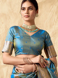 Sky Blue Banarasi Rich Pallu Silk Saree With Gold Zari Weaving With Zhallar Saree With Blouse Piece