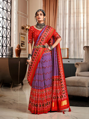 Purple & Red Pure Patola Silk Handloom Printed Saree With Blouse Piece