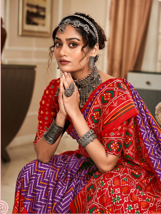 Purple & Red Pure Patola Silk Handloom Printed Saree With Blouse Piece