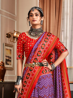 Purple & Red Pure Patola Silk Handloom Printed Saree With Blouse Piece