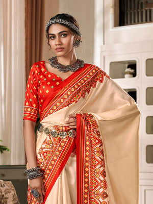 Cream & Red Pure Patola Silk Handloom Printed Saree With Blouse Piece
