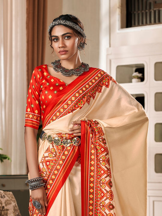 Cream & Red Pure Patola Silk Handloom Printed Saree With Blouse Piece