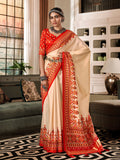 Cream & Red Pure Patola Silk Handloom Printed Saree With Blouse Piece