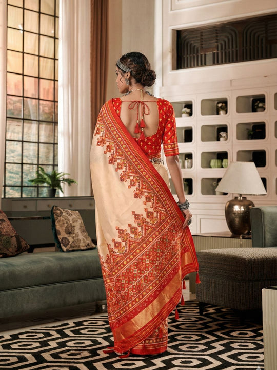 Cream & Red Pure Patola Silk Handloom Printed Saree With Blouse Piece