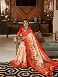 Cream & Red Pure Patola Silk Handloom Printed Saree With Blouse Piece