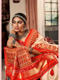 Cream & Red Pure Patola Silk Handloom Printed Saree With Blouse Piece