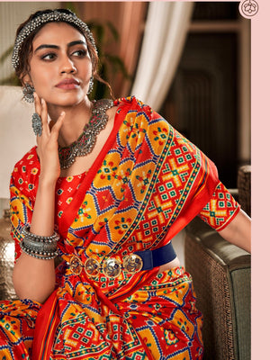 Multi Colour Pure Patola Silk Handloom Printed Saree With Blouse Piece