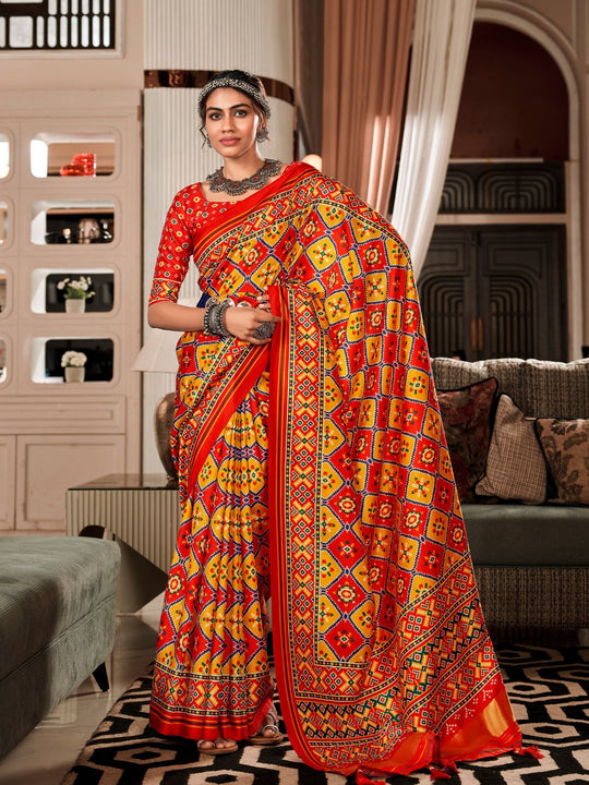 Multi Colour Pure Patola Silk Handloom Printed Saree With Blouse Piece