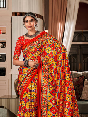 Multi Colour Pure Patola Silk Handloom Printed Saree With Blouse Piece