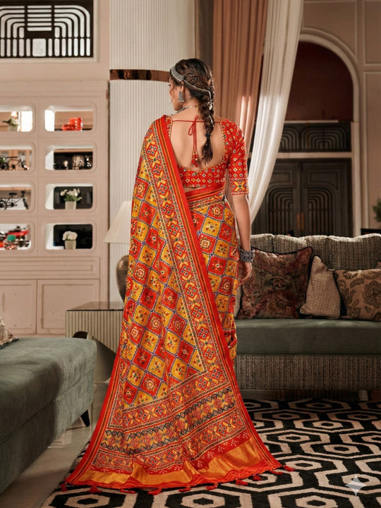 Multi Colour Pure Patola Silk Handloom Printed Saree With Blouse Piece