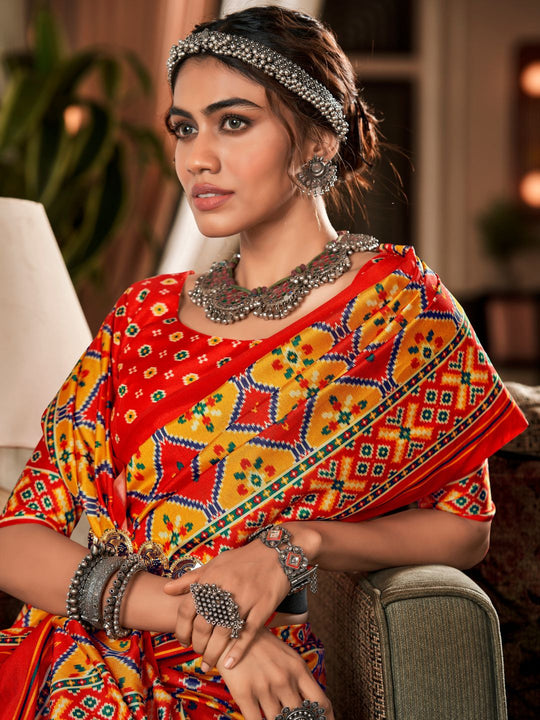 Multi Colour Pure Patola Silk Handloom Printed Saree With Blouse Piece