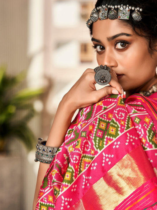 Multi Colour Pure Patola Silk Handloom Printed Saree With Blouse Piece