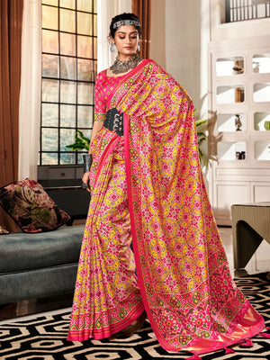 Multi Colour Pure Patola Silk Handloom Printed Saree With Blouse Piece
