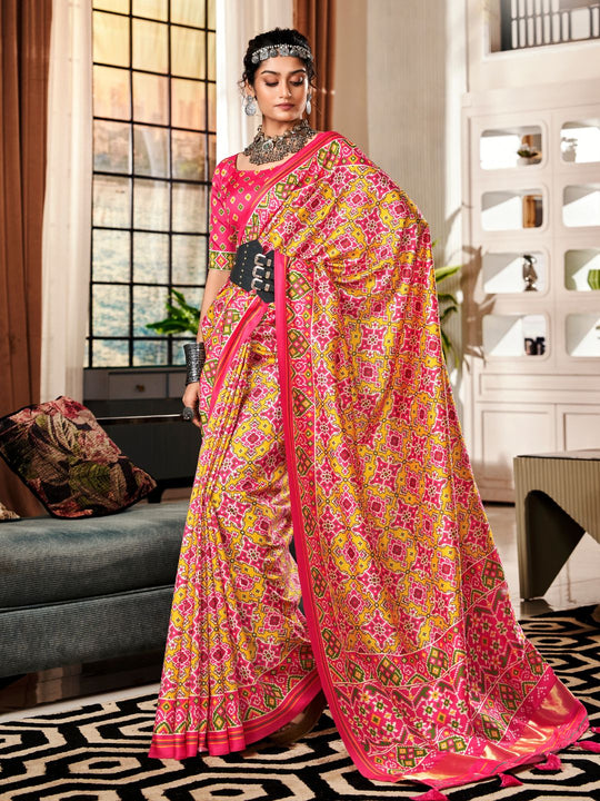 Multi Colour Pure Patola Silk Handloom Printed Saree With Blouse Piece