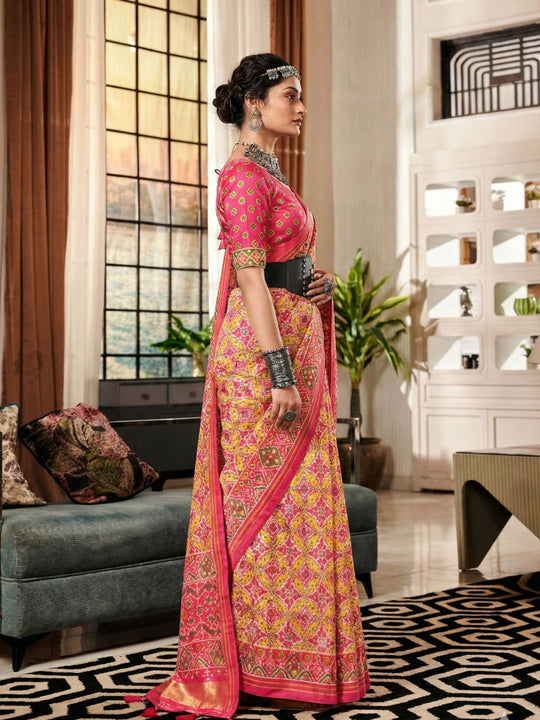 Multi Colour Pure Patola Silk Handloom Printed Saree With Blouse Piece