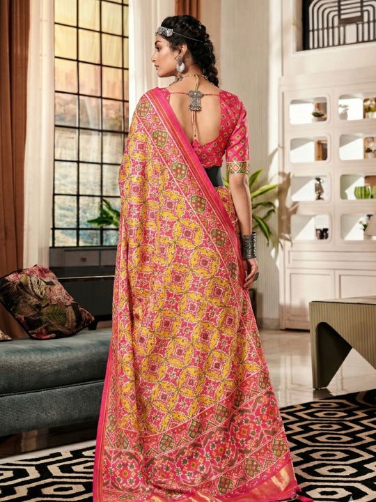 Multi Colour Pure Patola Silk Handloom Printed Saree With Blouse Piece
