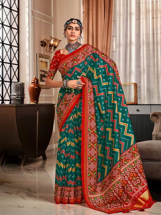 Bottel Green Pure Patola Silk Handloom Printed Saree With Blouse Piece