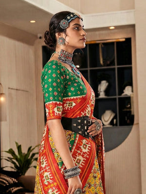 Yellow & Red Pure Patola Silk Handloom Printed Saree With Blouse Piece