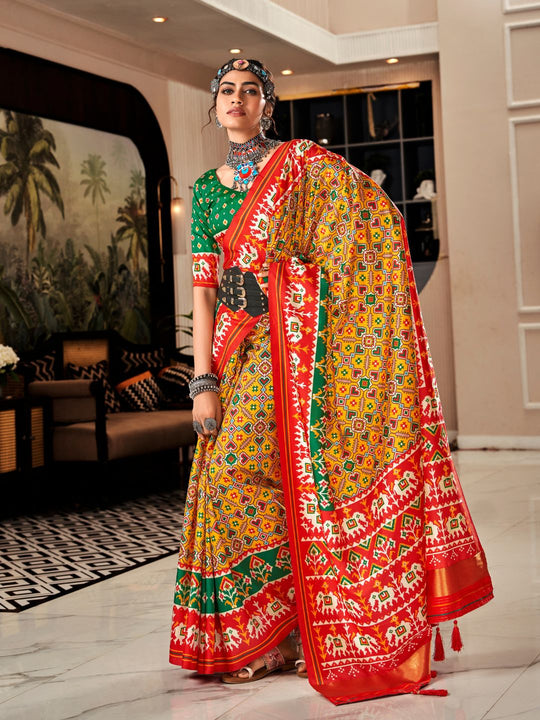 Yellow & Red Pure Patola Silk Handloom Printed Saree With Blouse Piece