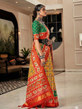 Yellow & Red Pure Patola Silk Handloom Printed Saree With Blouse Piece