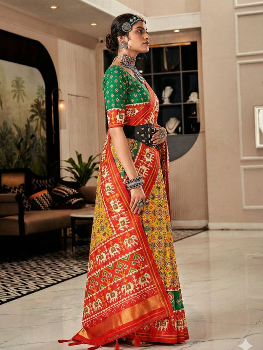 Yellow & Red Pure Patola Silk Handloom Printed Saree With Blouse Piece