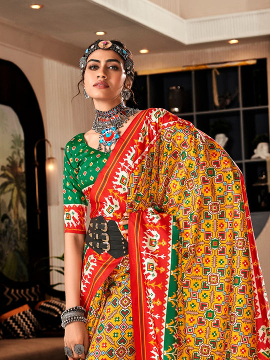 Yellow & Red Pure Patola Silk Handloom Printed Saree With Blouse Piece