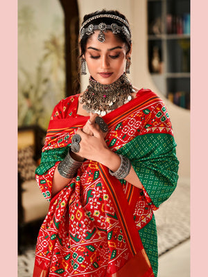 Green & Red Pure Patola Silk Handloom Printed Saree With Blouse Piece