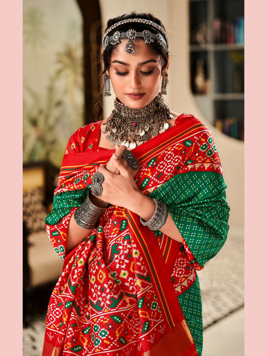 Green & Red Pure Patola Silk Handloom Printed Saree With Blouse Piece