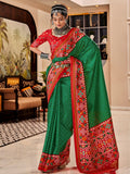 Green & Red Pure Patola Silk Handloom Printed Saree With Blouse Piece