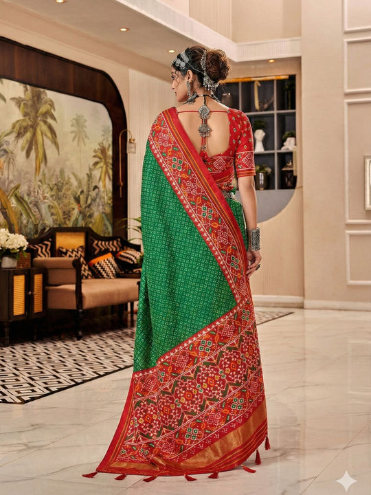 Green & Red Pure Patola Silk Handloom Printed Saree With Blouse Piece