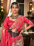 Pink & White Pure Patola Silk Handloom Printed Saree With Blouse Piece