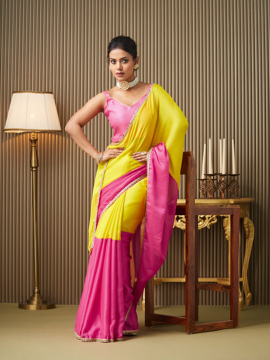 Pink Chiffon Colourblocked Saree With Blouse Piece