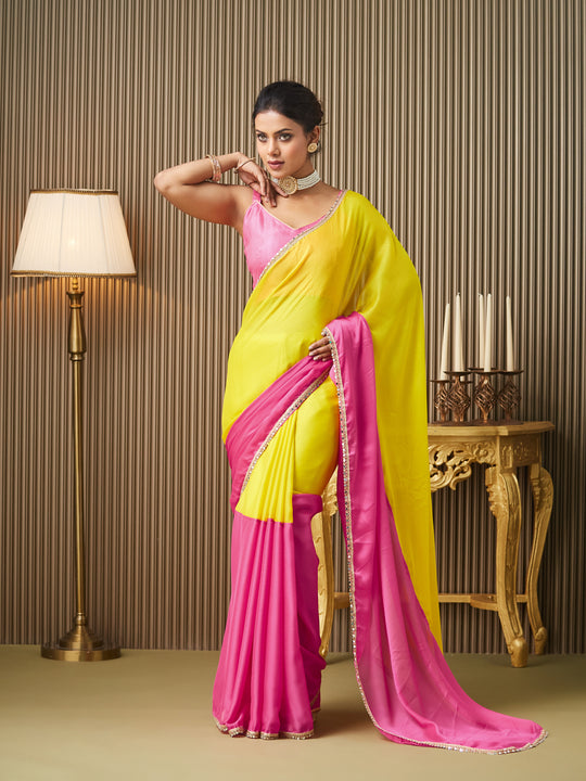 Pink Chiffon Colourblocked Saree With Blouse Piece