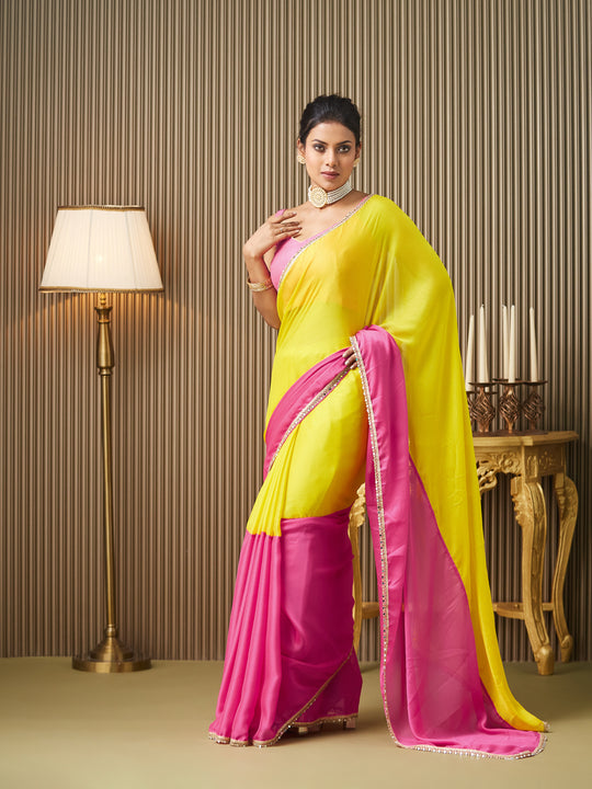 Pink Chiffon Colourblocked Saree With Blouse Piece