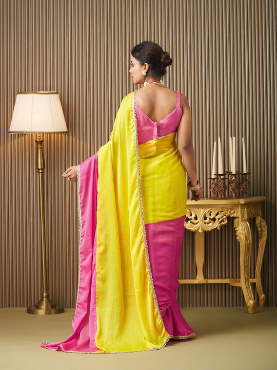 Pink Chiffon Colourblocked Saree With Blouse Piece