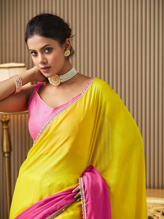 Pink Chiffon Colourblocked Saree With Blouse Piece