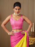 Pink Chiffon Colourblocked Saree With Blouse Piece