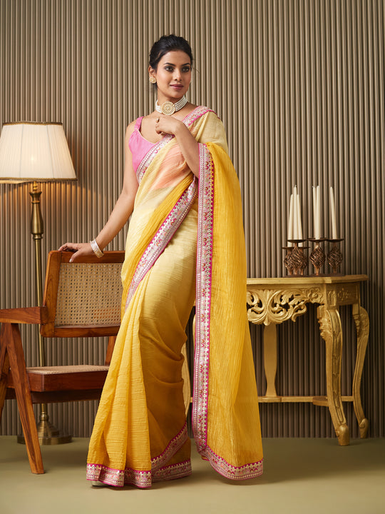 Yellow Chiffon Embroidered Saree With Blouse Piece